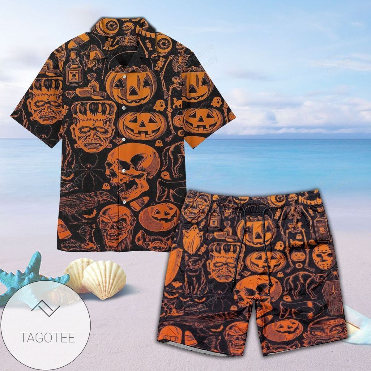 Halloween Pumpkin And Dragon Print Short Sleeve Hawaiian Casual Shirt