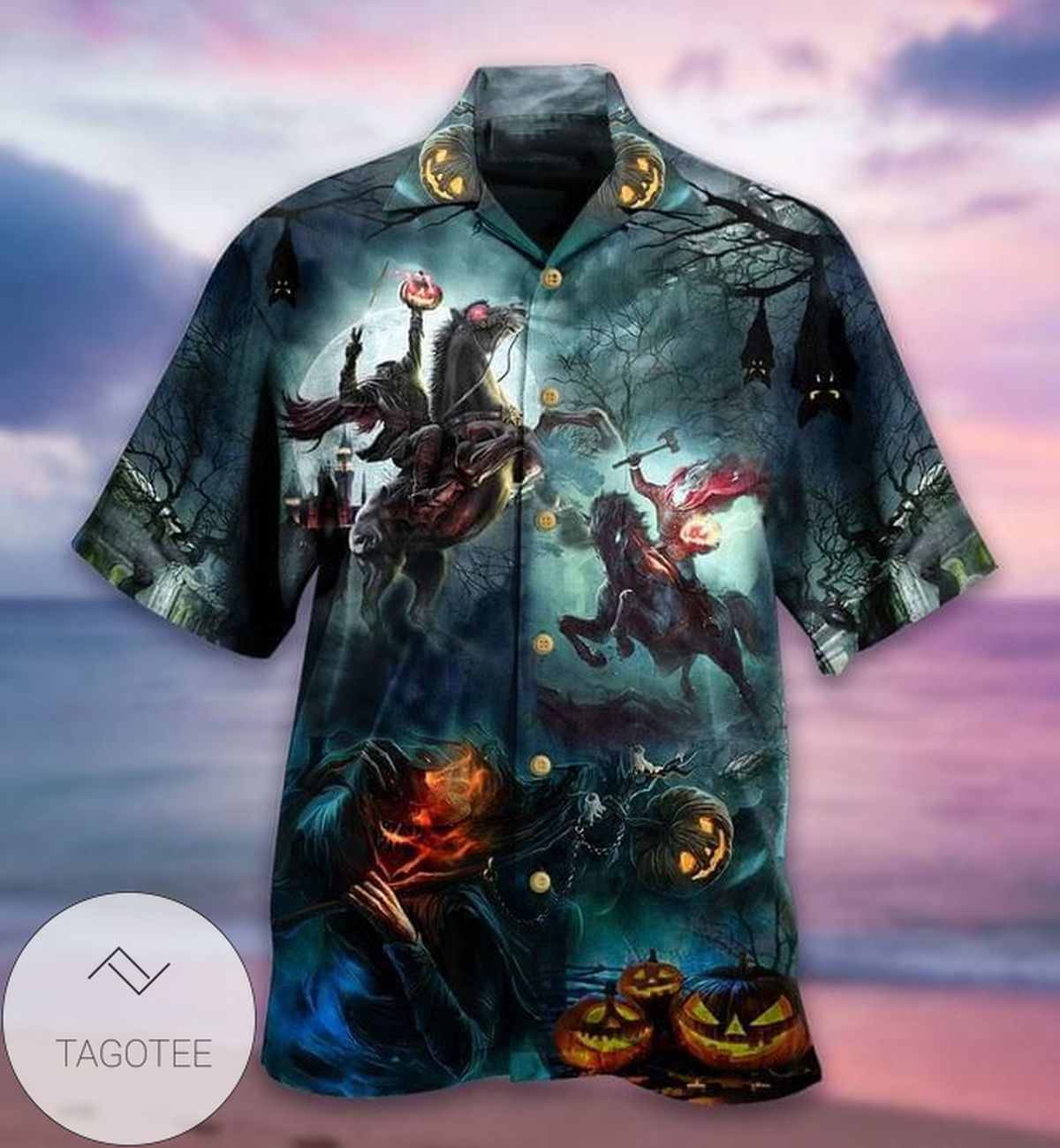 Halloween Pumpkin And Dragon Print Short Sleeve Hawaiian Casual Shirt