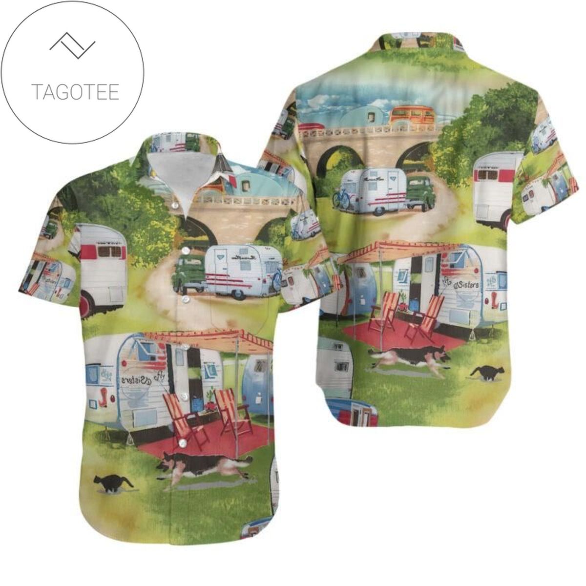 Happy Camper Bus And Flowers For Men And Women Graphic Print Short Sleeve Hawaiian Casual Shirt