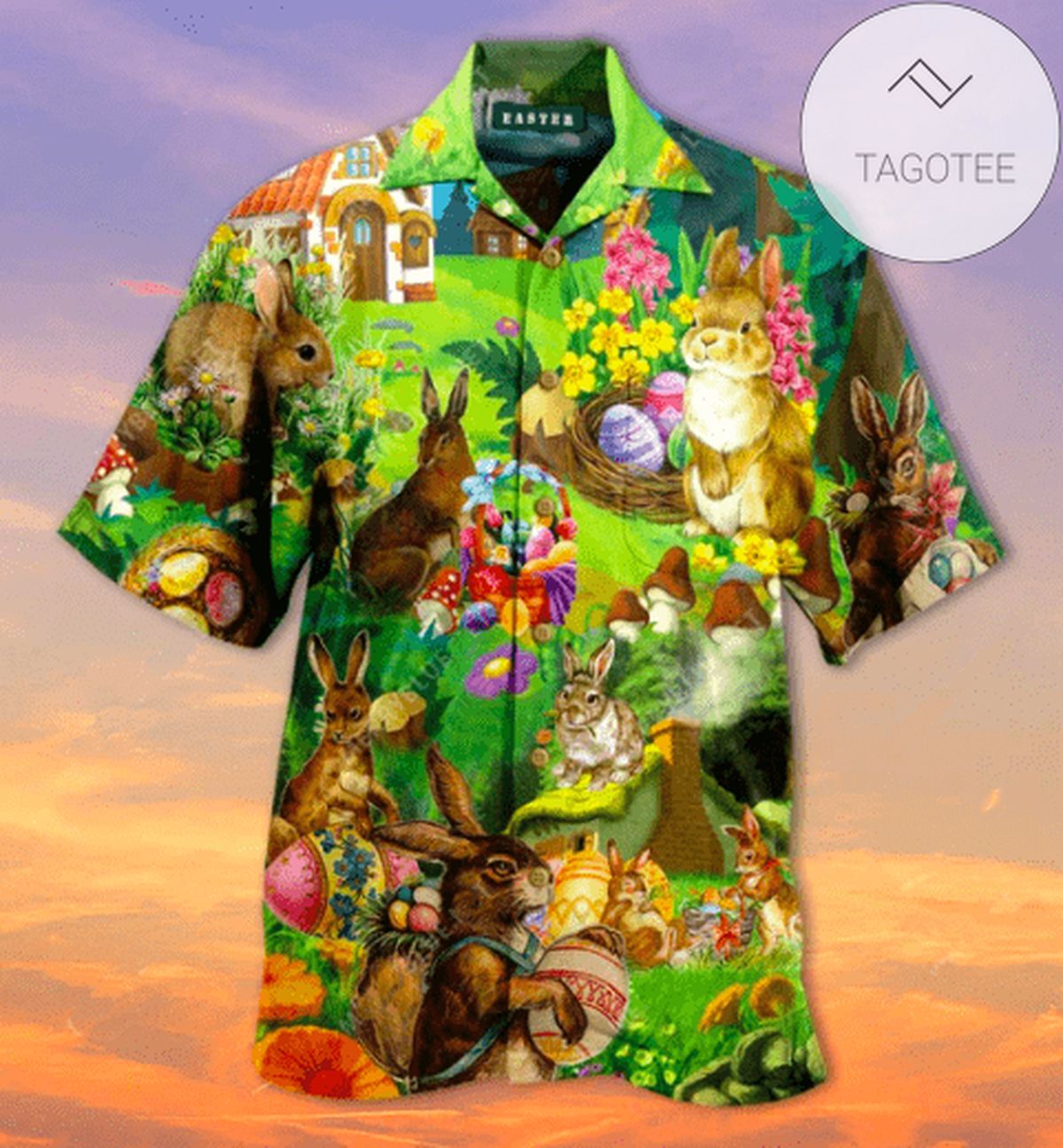 Happy Easter Bowling Eggs And Bunny Pin Green Hawaiian Aloha Shirts