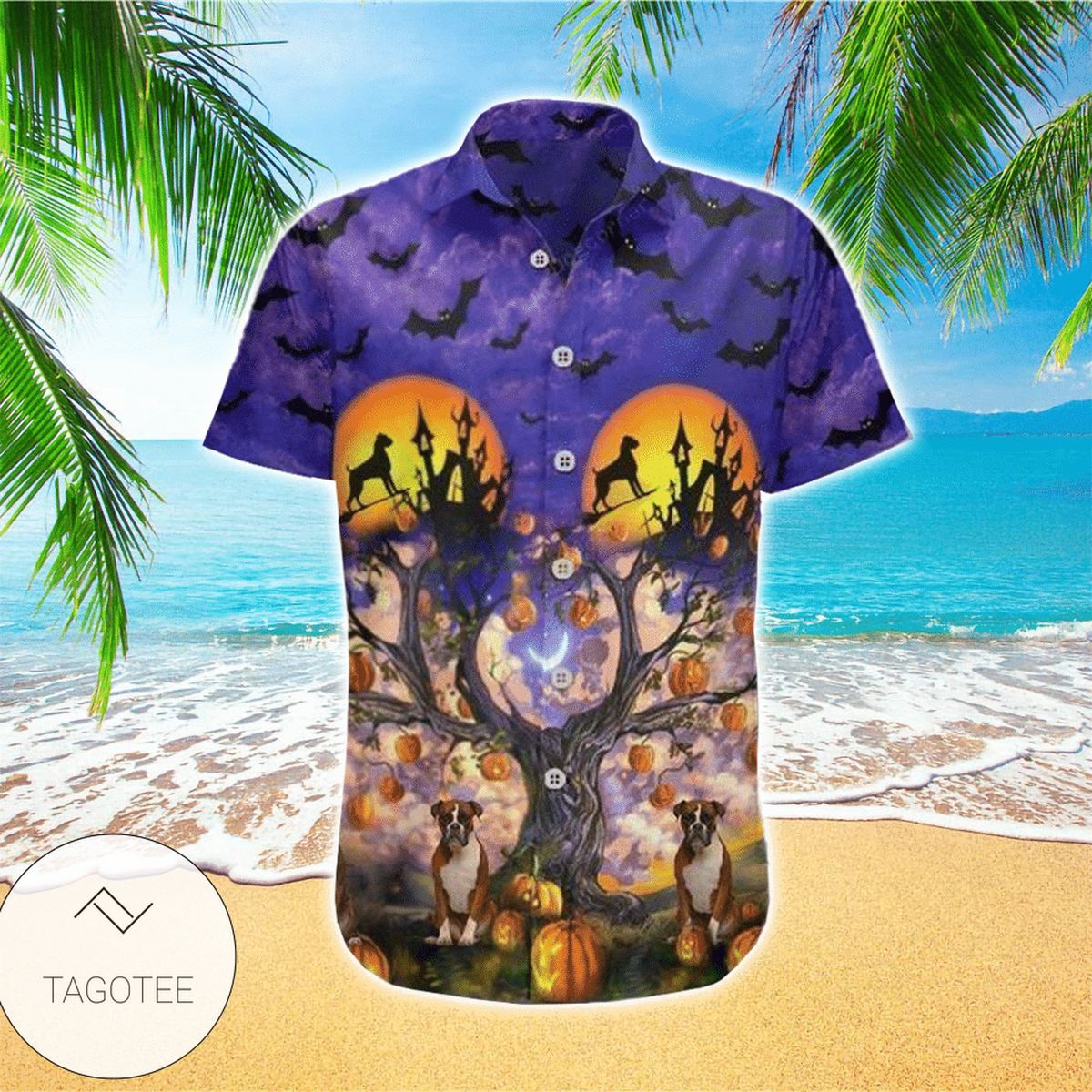 Happy Halloween With Awesome Pitbull And Bat Pumpkin Tree Gift For Dog Lovers Hawaiian Shirt