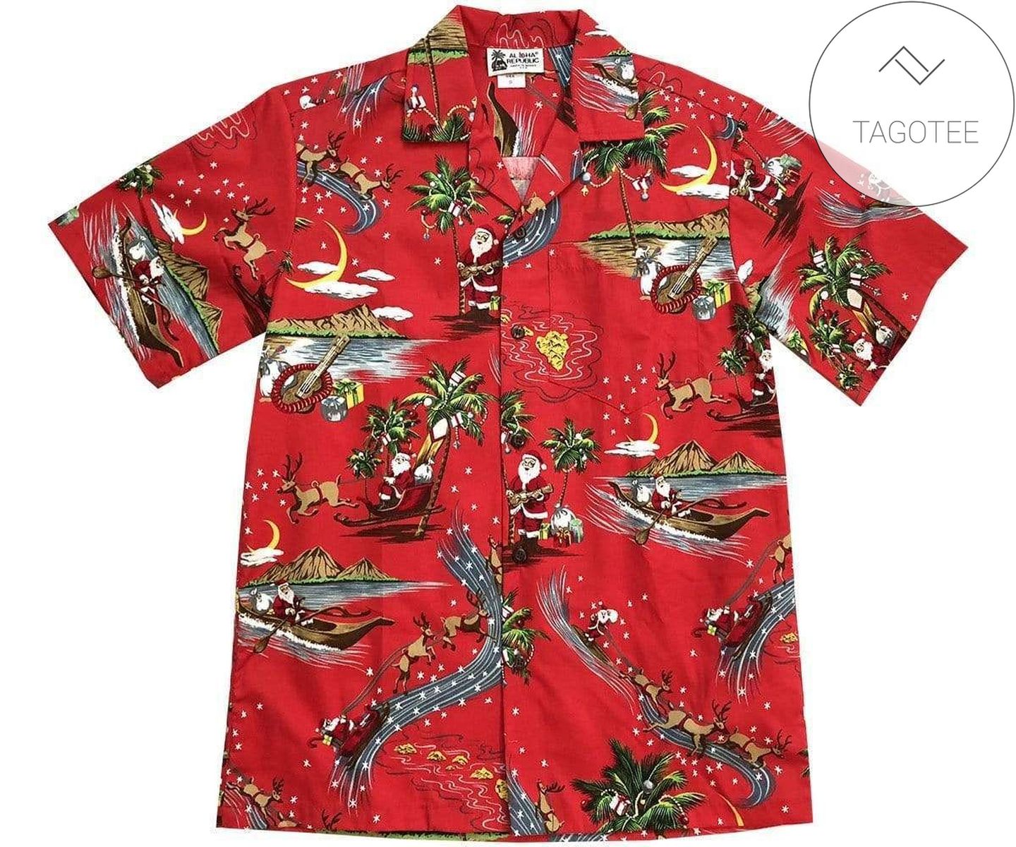 Happy Santa Claus Skateboarding Blue Red 2022 Authentic Hawaiian Shirts