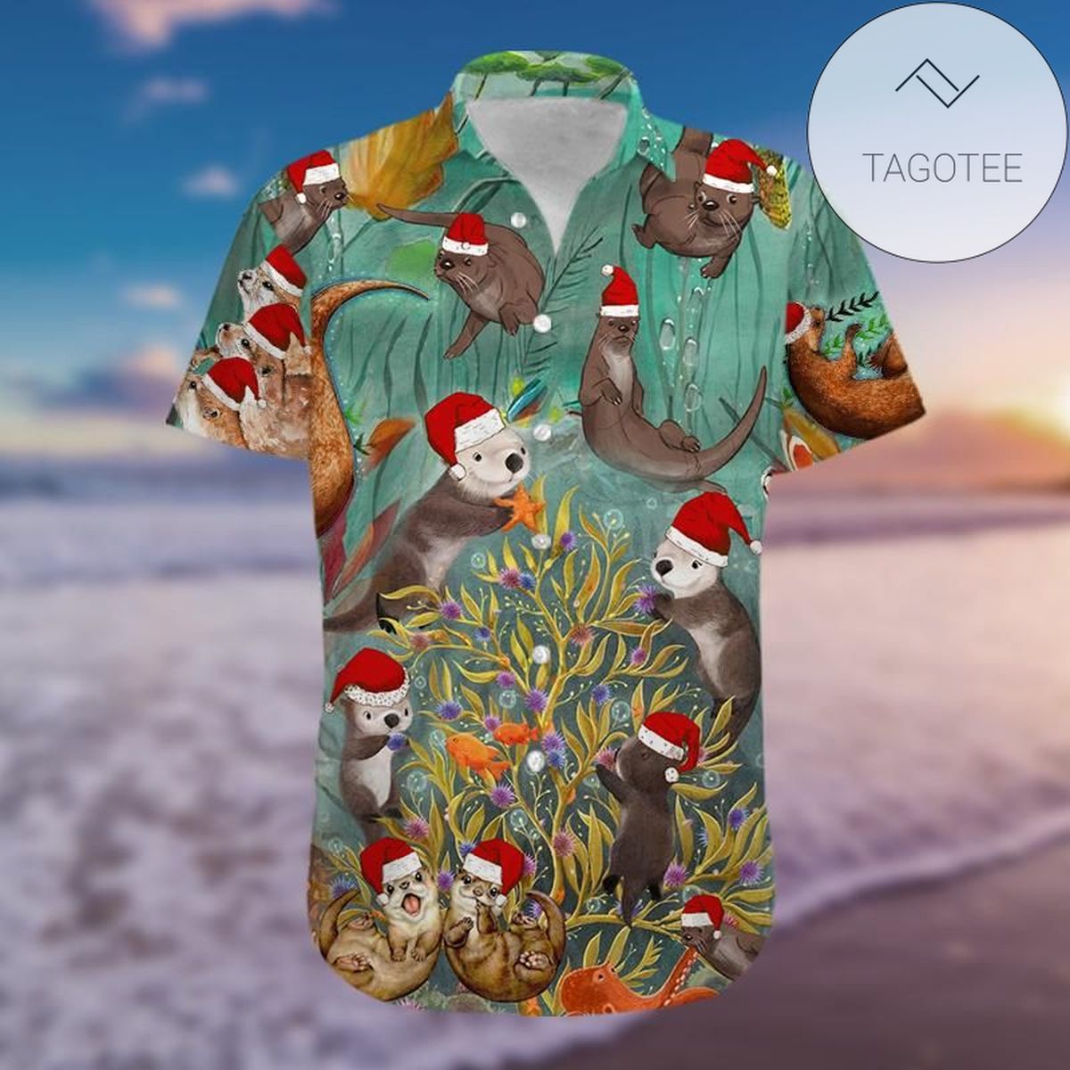 Happy Santa Claus Skateboarding Blue Red Hawaiian Shirt