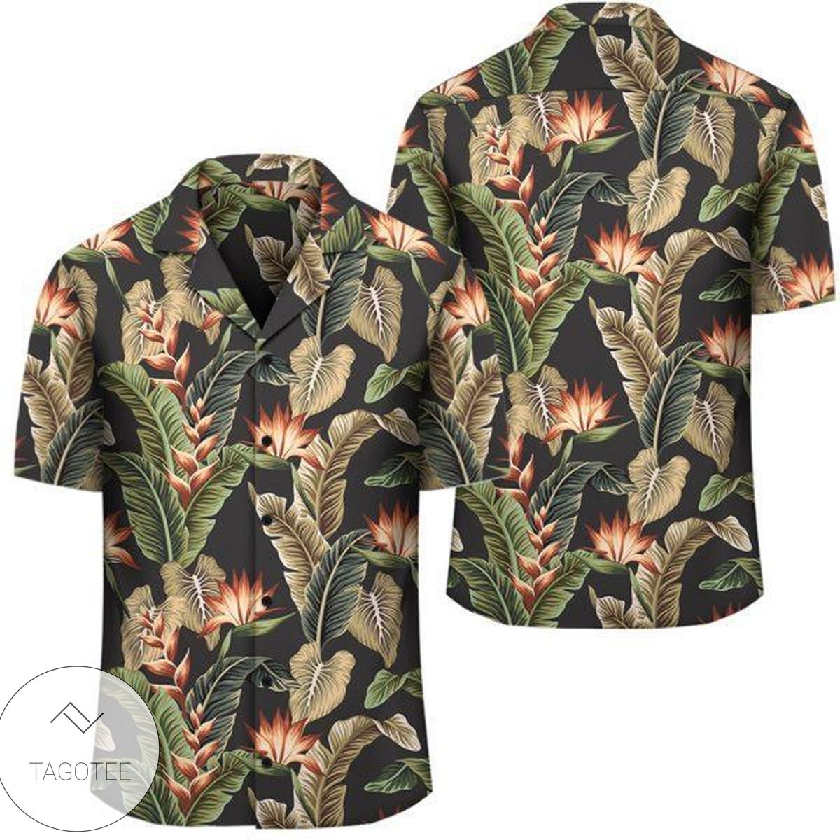 Hawaii Tropical Dark Green Leaves Seamless Pattern White Stripes Pink Background Hawaiian Shirt