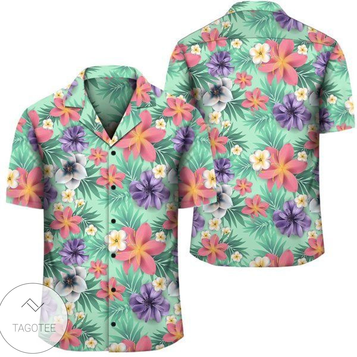 Hawaii Tropical Flowers Palm Leaves Hibiscus Strips Hawaiian Shirt