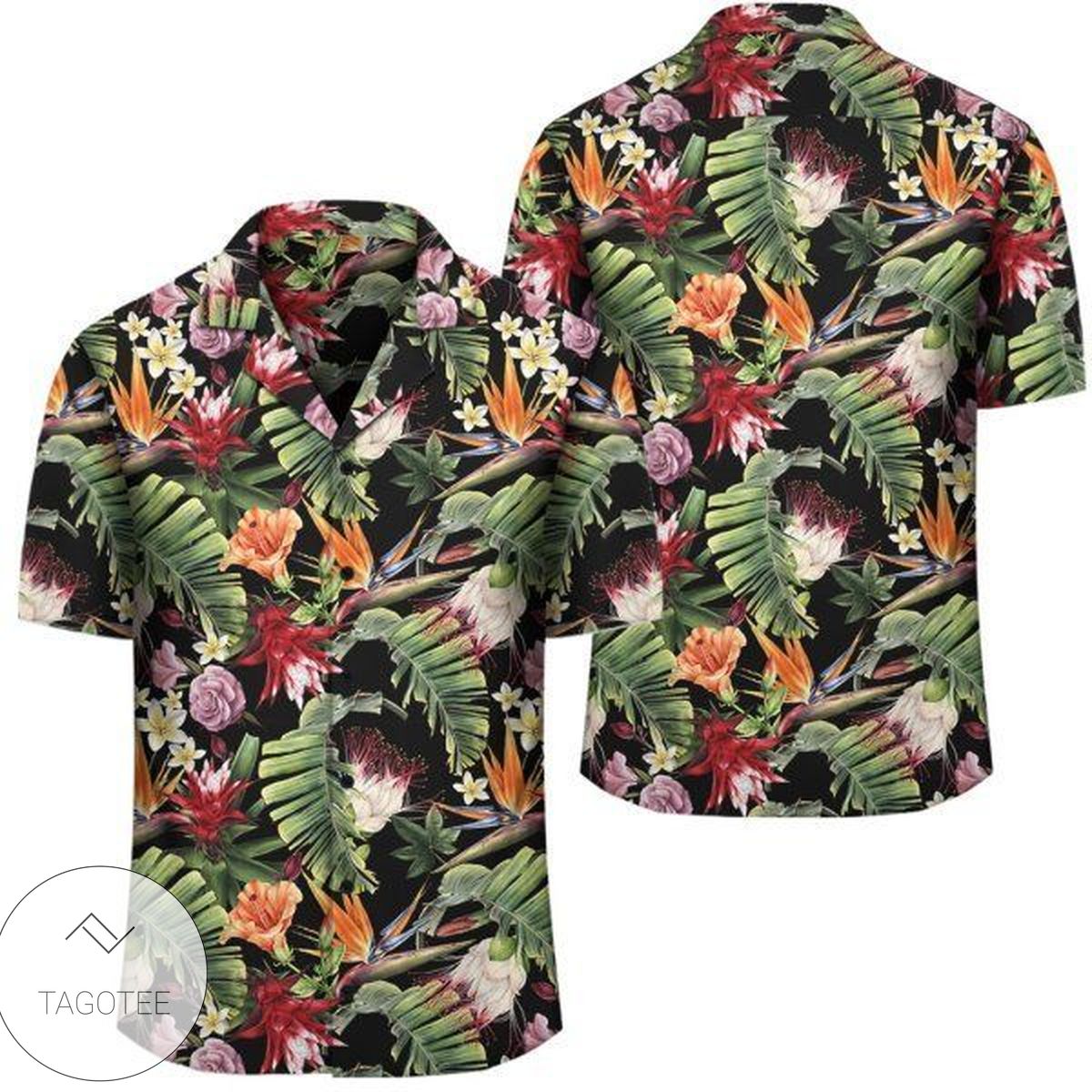 Hawaii Tropical Flower, Blossom Cluster Seamless Pattern Tropical Flowers Palm Leaves Plant And Leaf Hawaiian Shirt