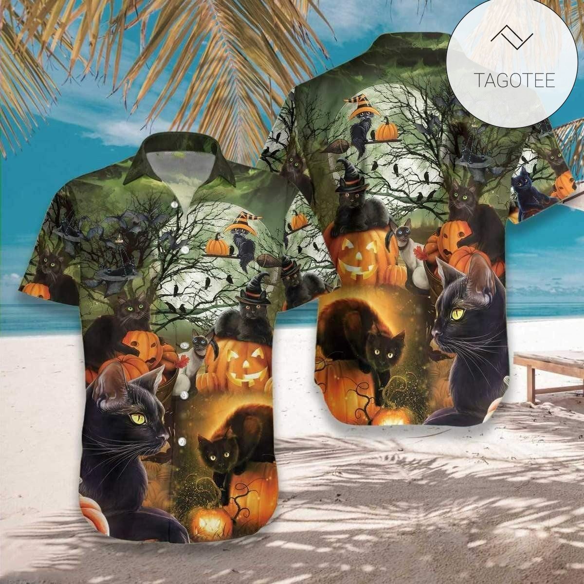 Hawaiian Aloha Shirts Black Cat Pumpkin Halloween Castle