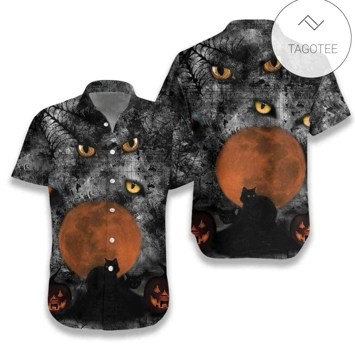 Hawaiian Aloha Shirts Black Cat Pumpkin Halloween