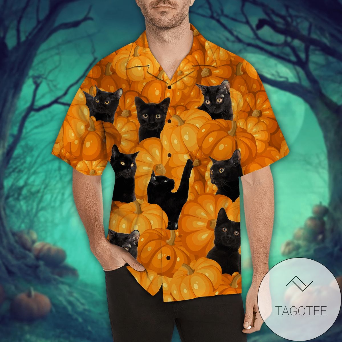 Hawaiian Aloha Shirts Black Cat And The Pumpkin Halloween