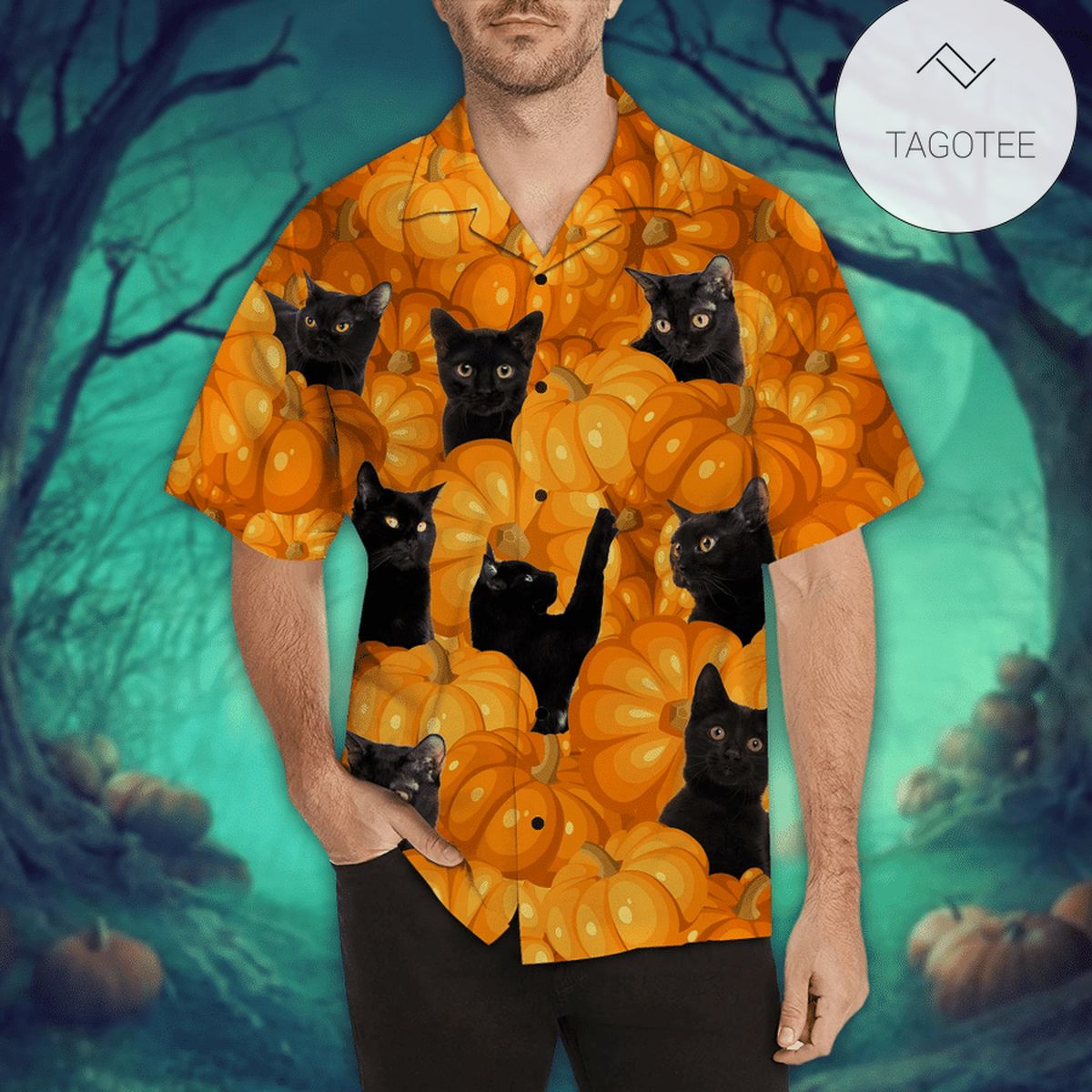 Hawaiian Aloha Shirts Black Cat Halloween Red Moon