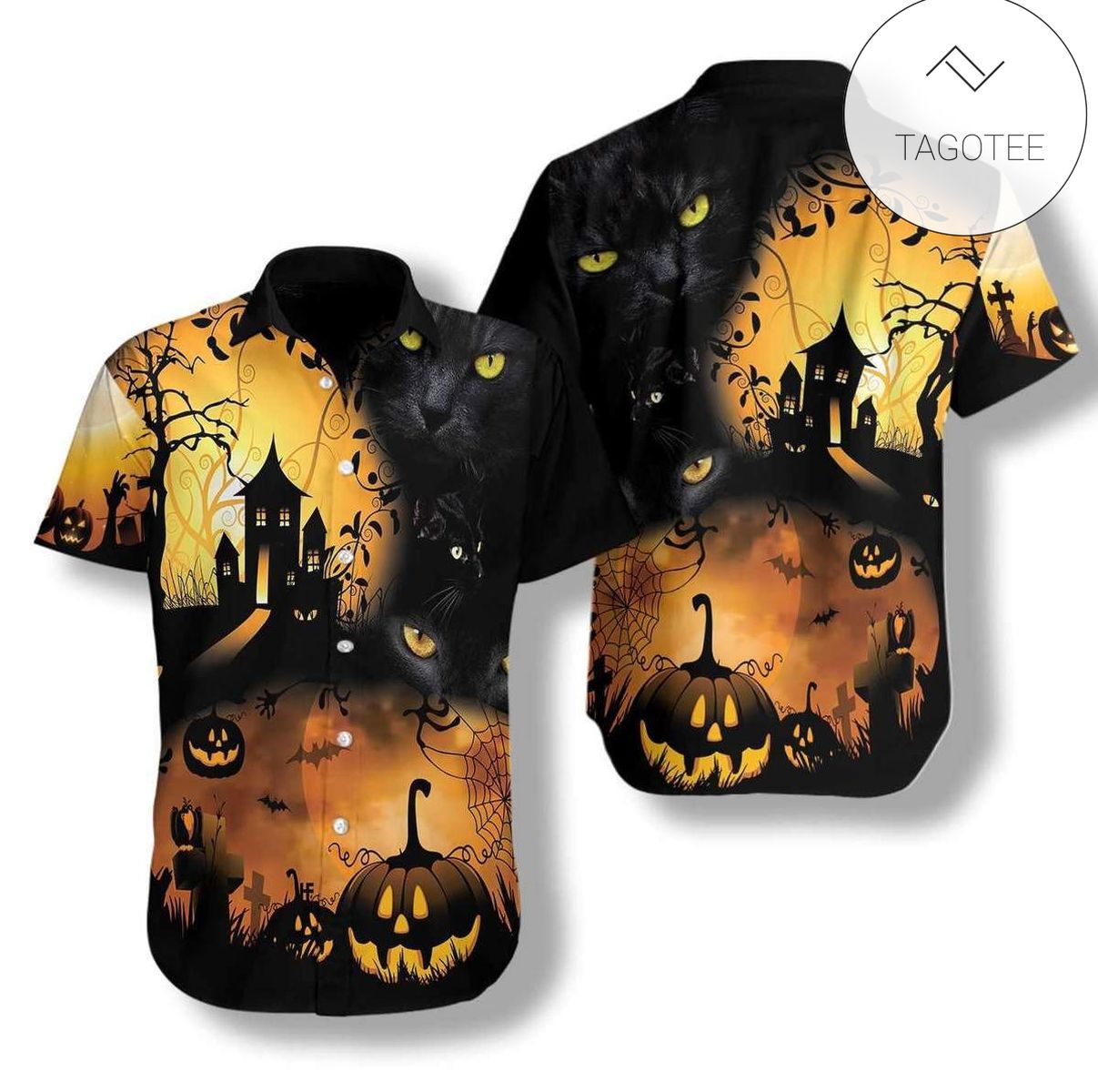 Hawaiian Aloha Shirts Halloween Pumpkin And Black Cats