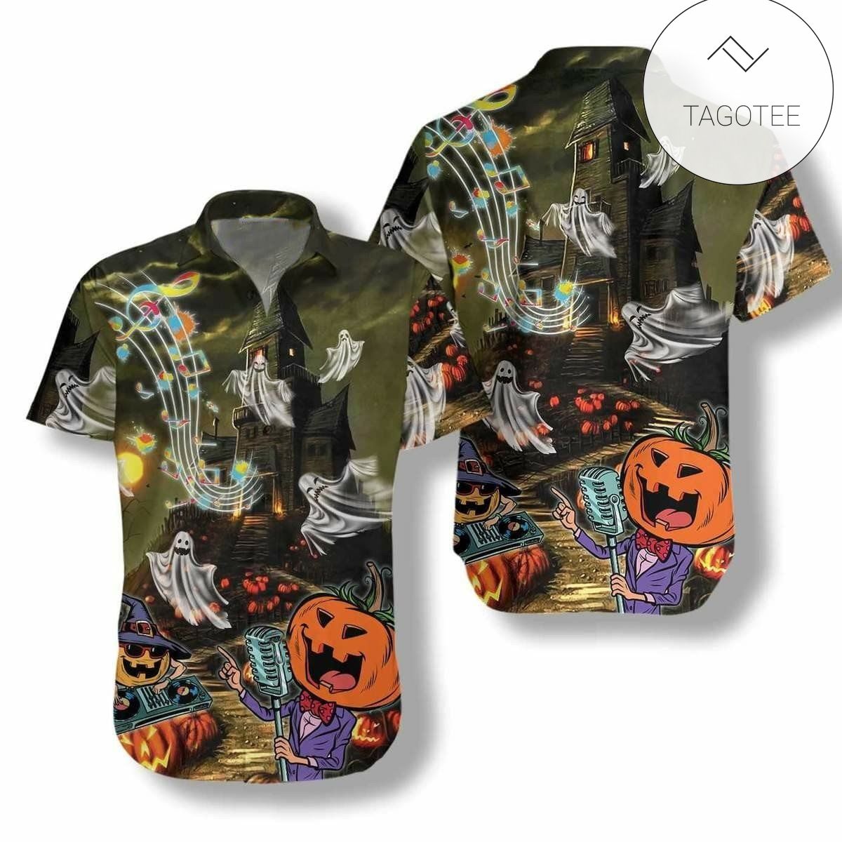 Hawaiian Aloha Shirts Moonlight Pumpkin Skull Halloween