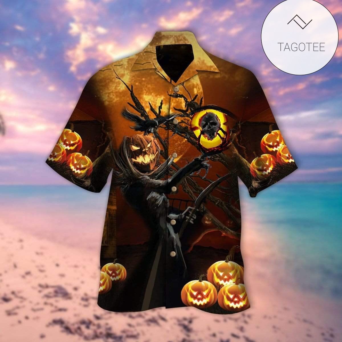 Hawaiian Aloha Shirts Pumpkin King Tree Fire Halloween