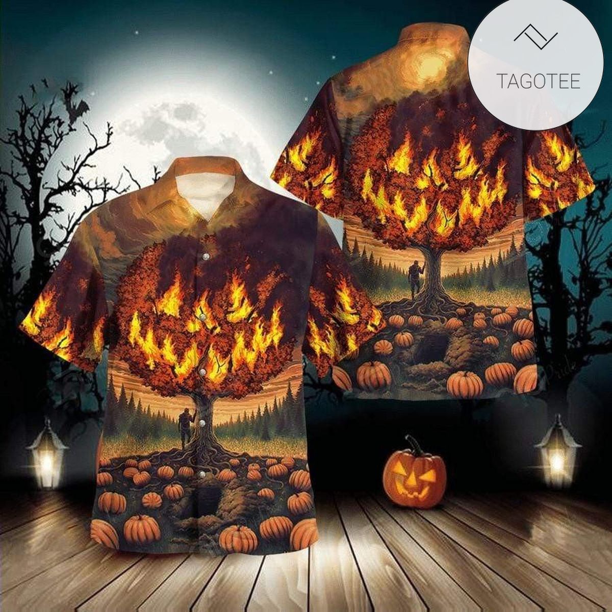 Hawaiian Aloha Shirts Pumpkin Man Under Moon Halloween