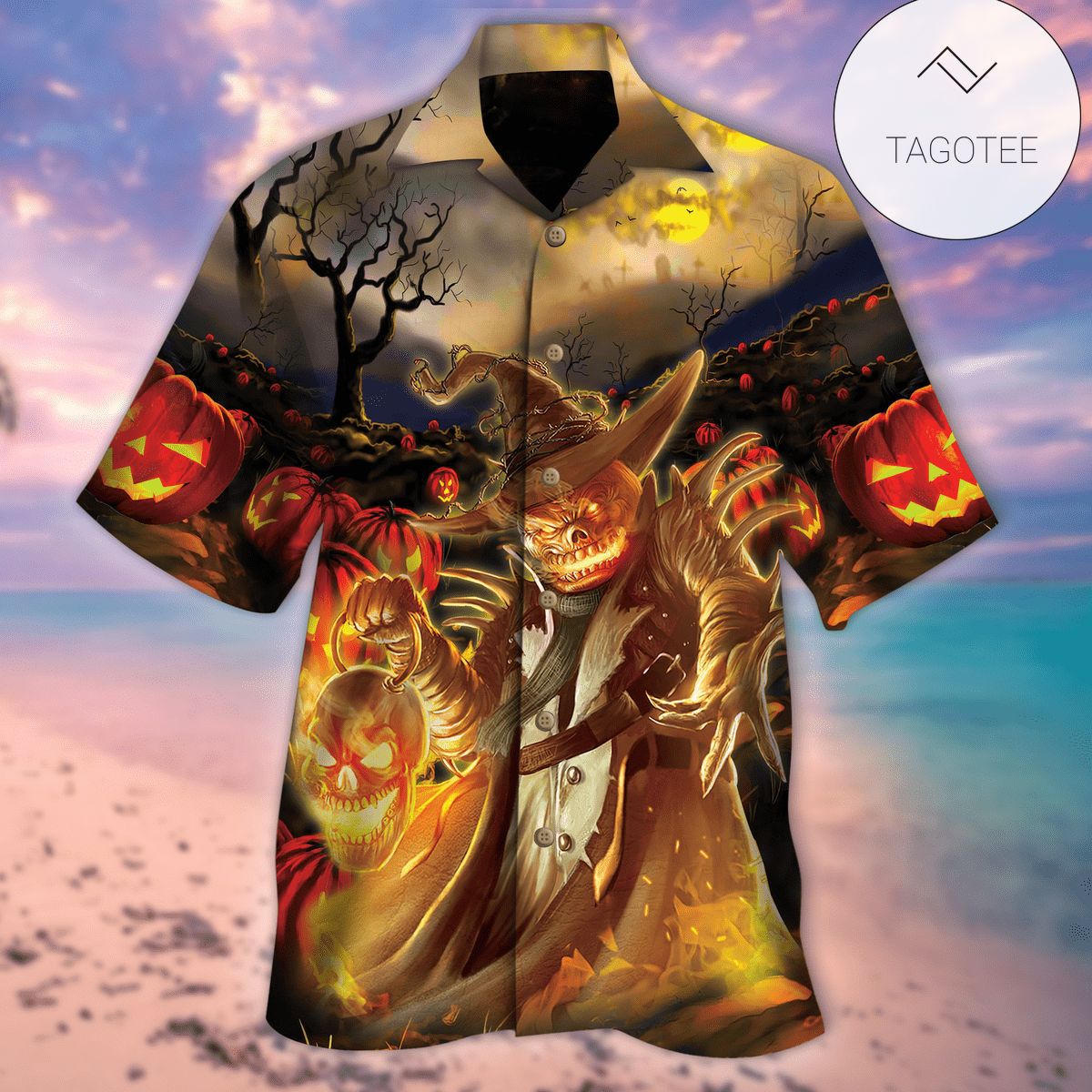 Hawaiian Aloha Shirts Pumpkin King Tree Fire Halloween