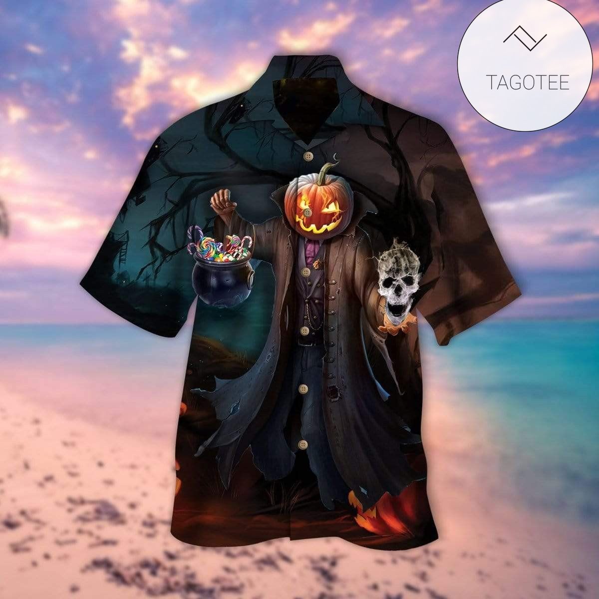 Hawaiian Aloha Shirts Pumpkin Man Under Moon Halloween