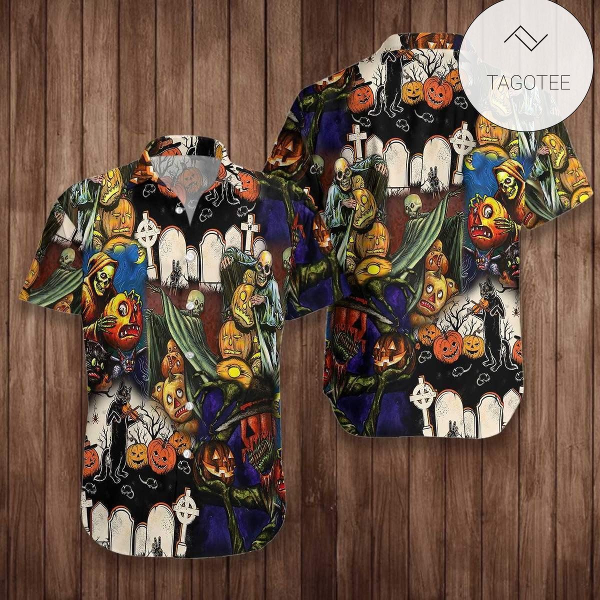 Hawaiian Aloha Shirts Pumpkin Man With Candies Halloween