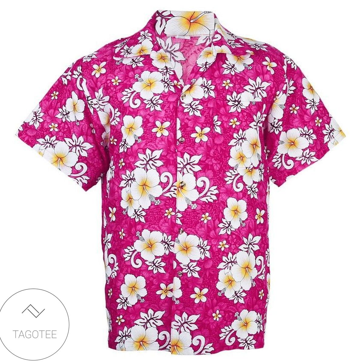 Hawaiian Shirt Aloha Cotton Vivid Plumeria Frangipani Beach Pink