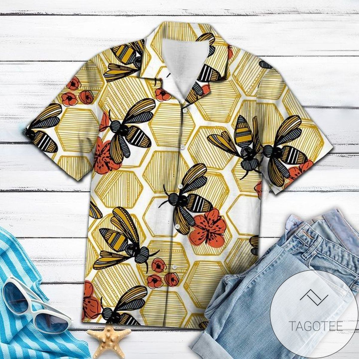 Honey Bee Hexagon Hawaiian Shirt