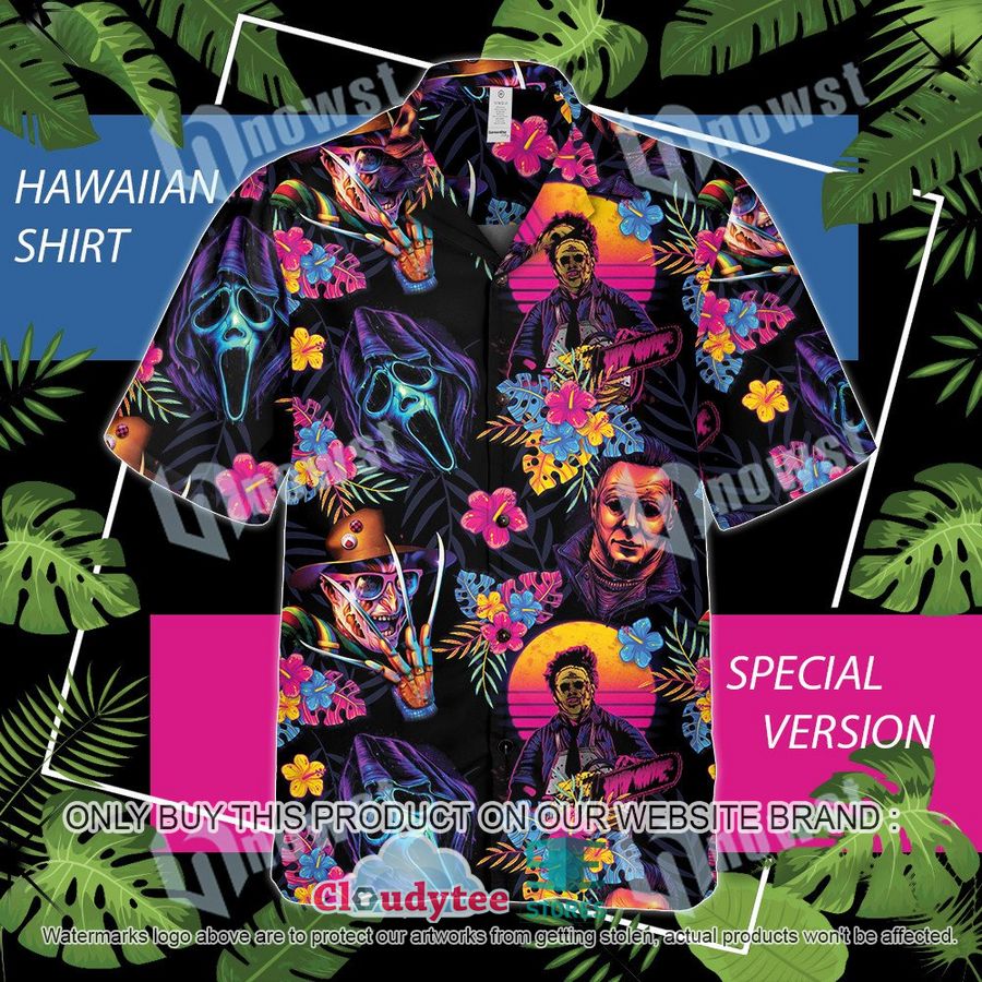 Horror movie Chucky Jason Voorhees Freddy Krueger blood flowers Hawaiian Shirt