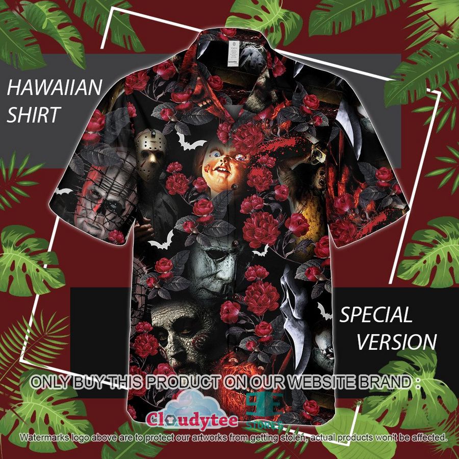 Horror movie Chucky Jason Voorhees Freddy Krueger blood flowers Hawaiian Shirt