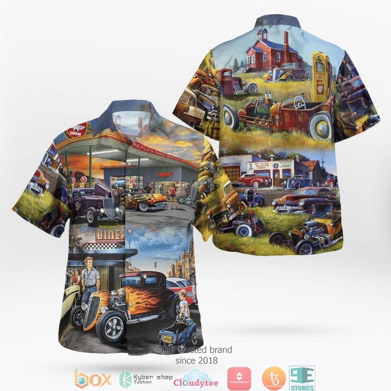 Hot Rod Dad’s Hot Rod Garage Led Night Print Beach Pattern Hawaiian Shirt