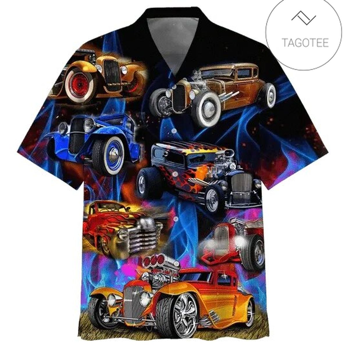 Hot Rod Hawaiian Shirt Hot Rod Engine Fire Red Blue Brown Hawaii Aloha Shirt