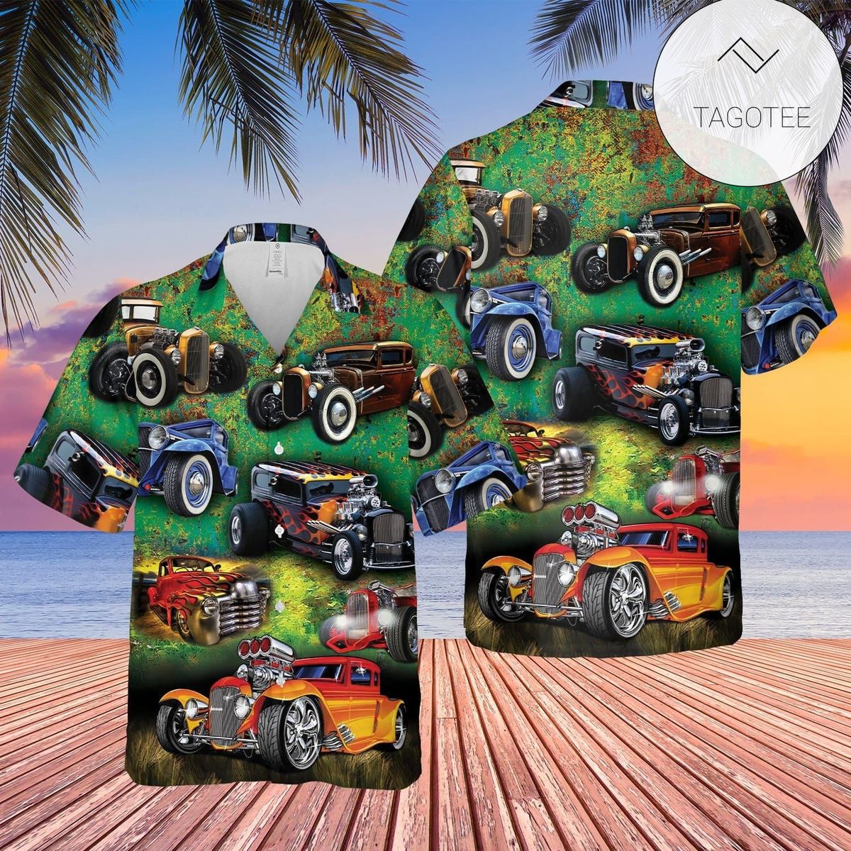 Hot Rod Hawaiian Shirt Iconic Hot Rod Cars Green Hawaii Aloha Shirt