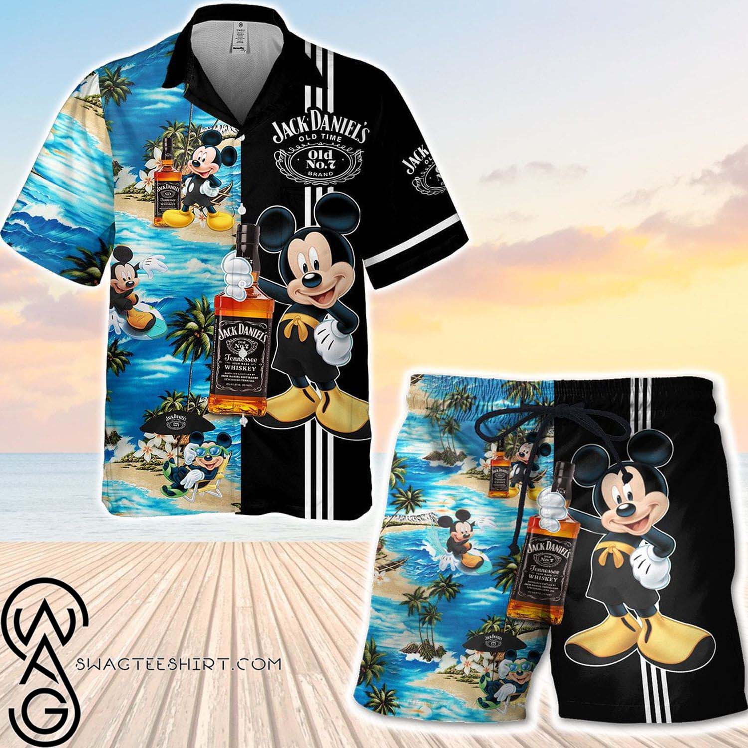 Jack Daniel’s Old Time Mickey Mouse All Over Print Summer Aloha Summer Beach Hawaiian Shirt And Beach Shorts Version Black