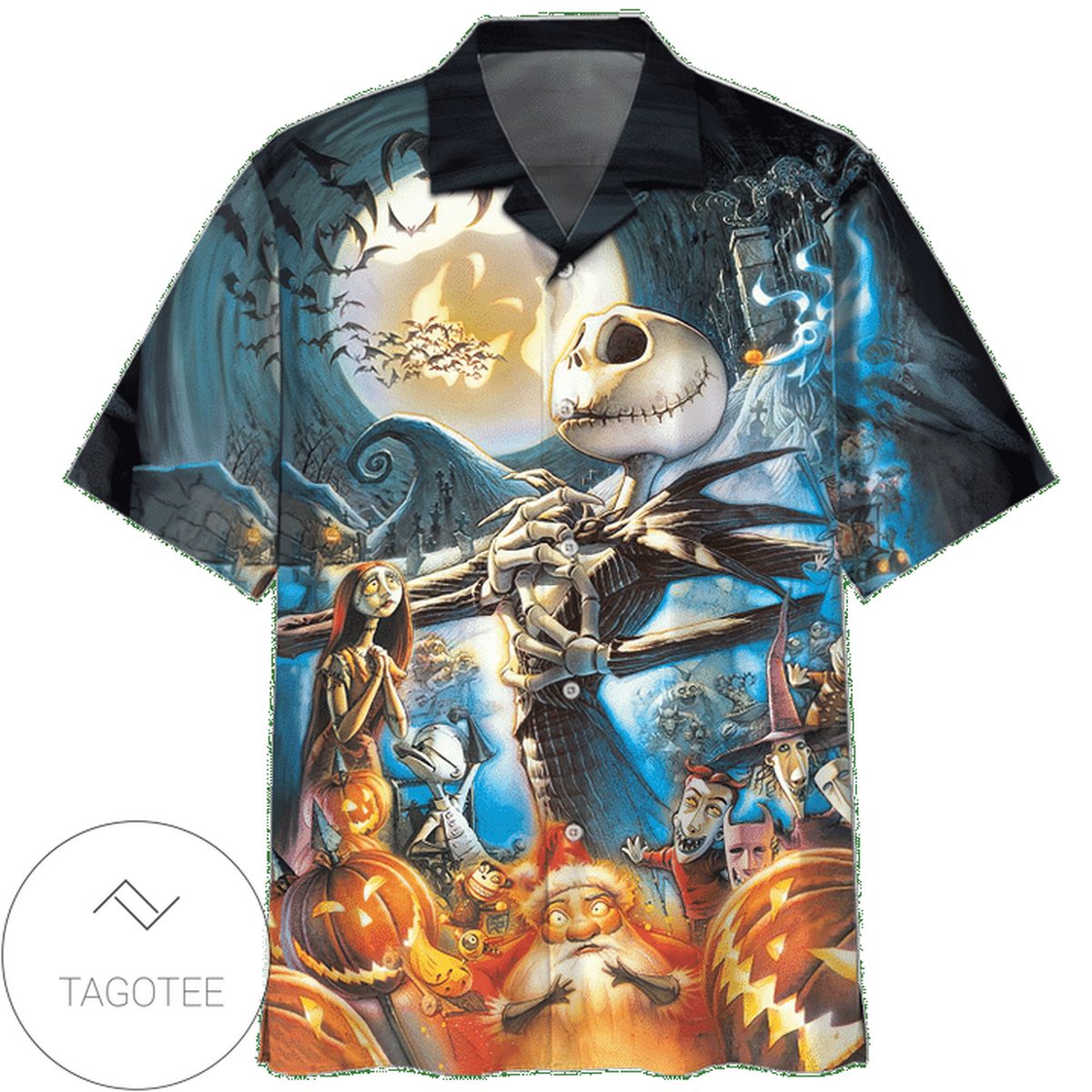 Jack Skellington Happy Halloween 2 Print Short Sleeve Hawaiian Casual Shirt