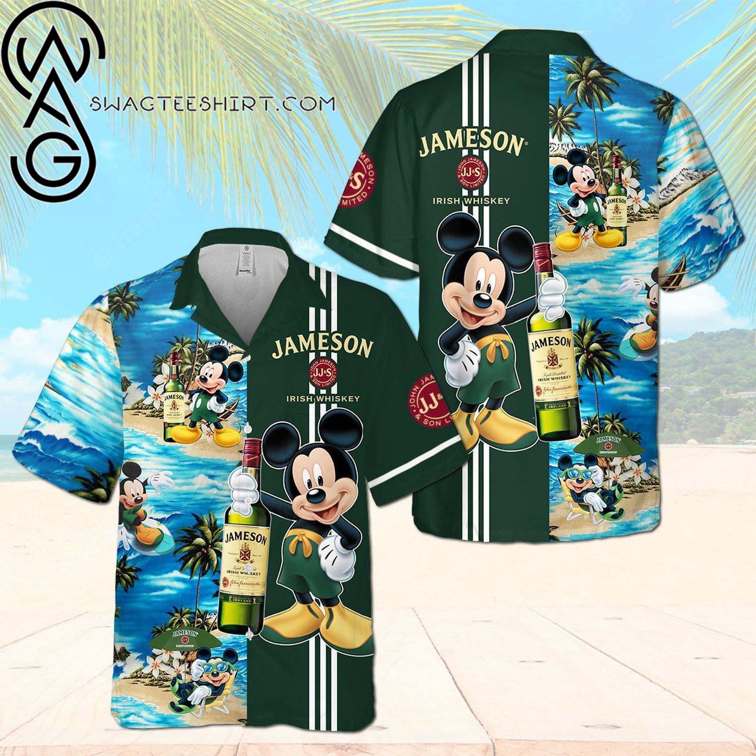 Jameson Irish Whiskey Mickey Mouse All Over Print Summer Aloha Summer Beach Hawaiian Shirt And Beach Shorts Version Green