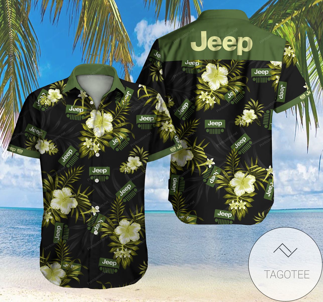 Jeep and Flamingo Print Short Sleeve Hawaiian Casual Shirt