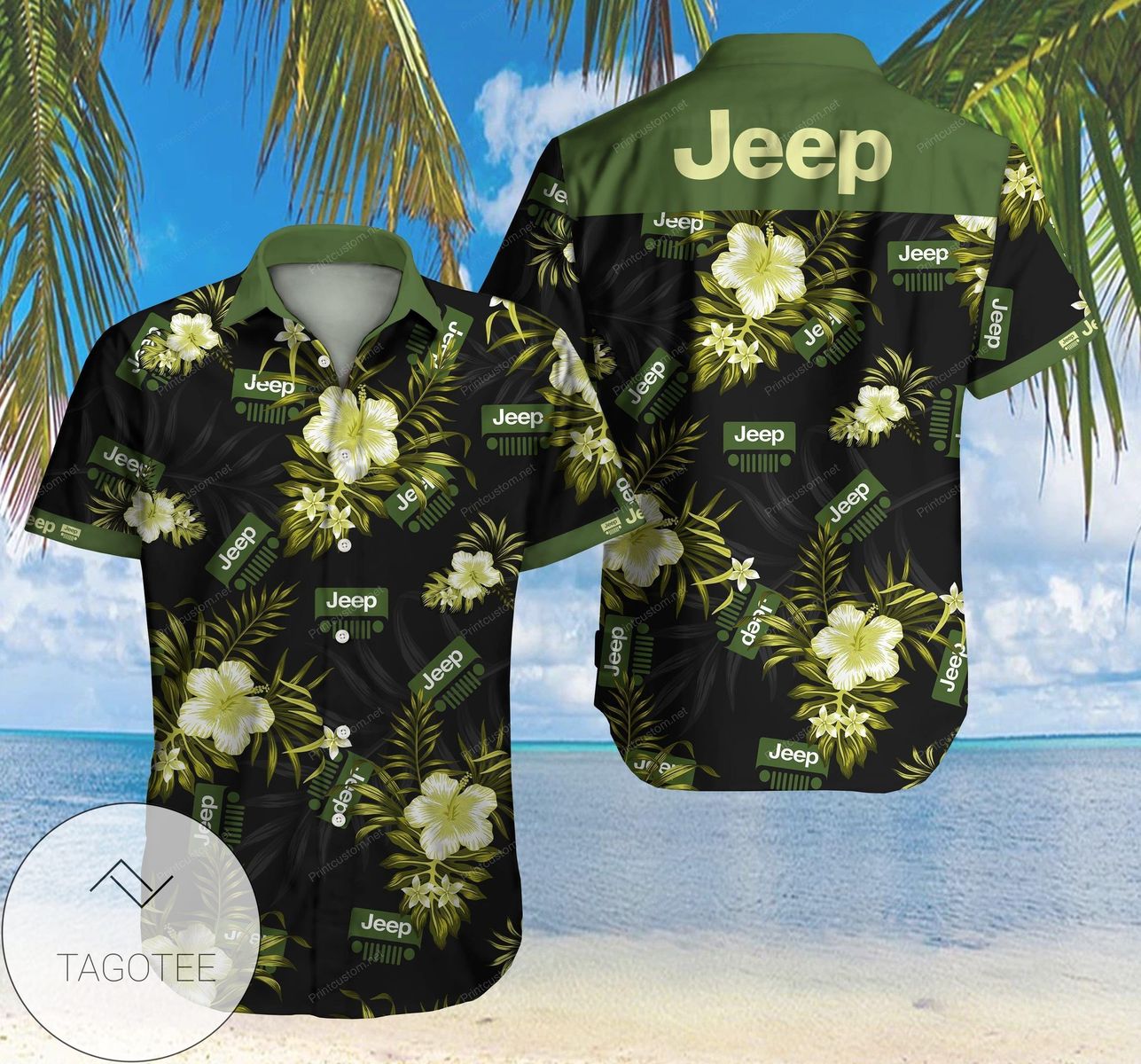 Jeep Hibiscus All Over Print Summer Short Sleeve Hawaiian Beach Shirt – White