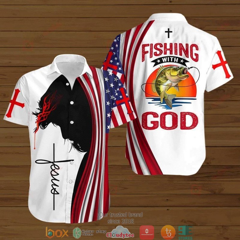 Jesus Bible Fishing With God American Flags 4th Of July Independence Day Short Sleeve Hawaiian shirt