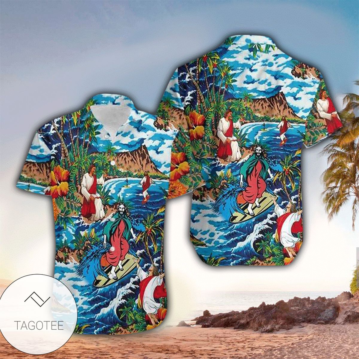 Jesus Surfing On Island Hawaiian Graphic Print Short Sleeve Hawaiian Shirt