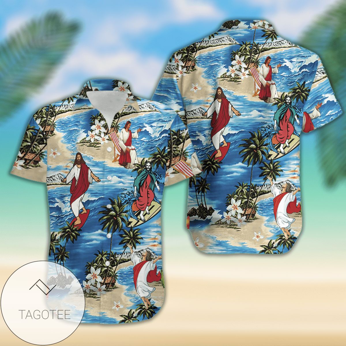 Jesus Surfing On Island Hawaiian Graphic Print Short Sleeve Hawaiian Shirt