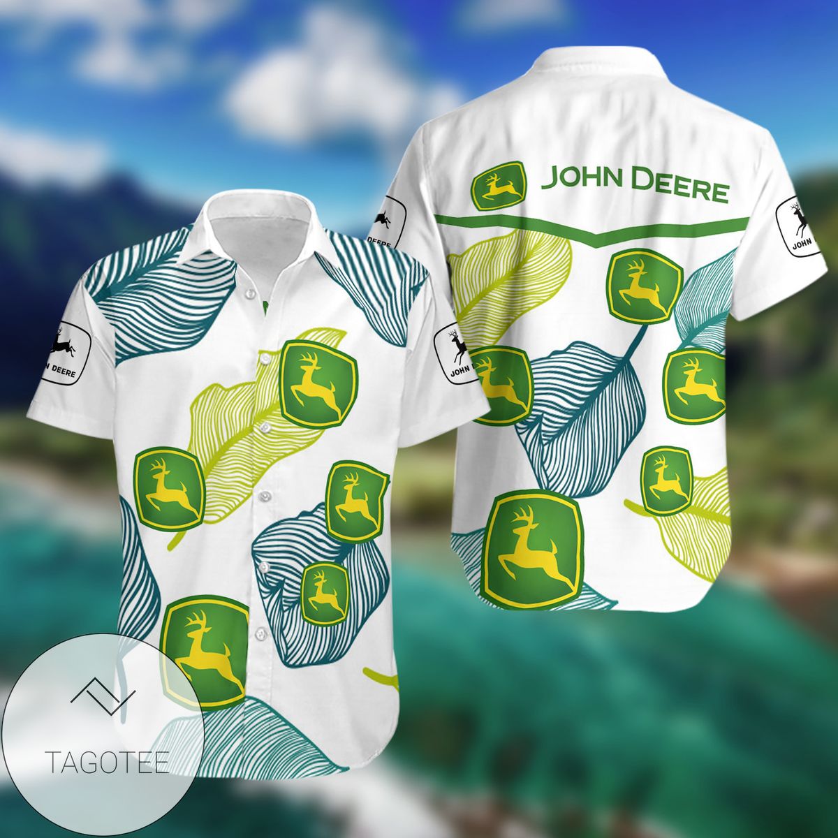 John Deere All Over Print Summer Short Sleeve Hawaiian Beach Shirt – White