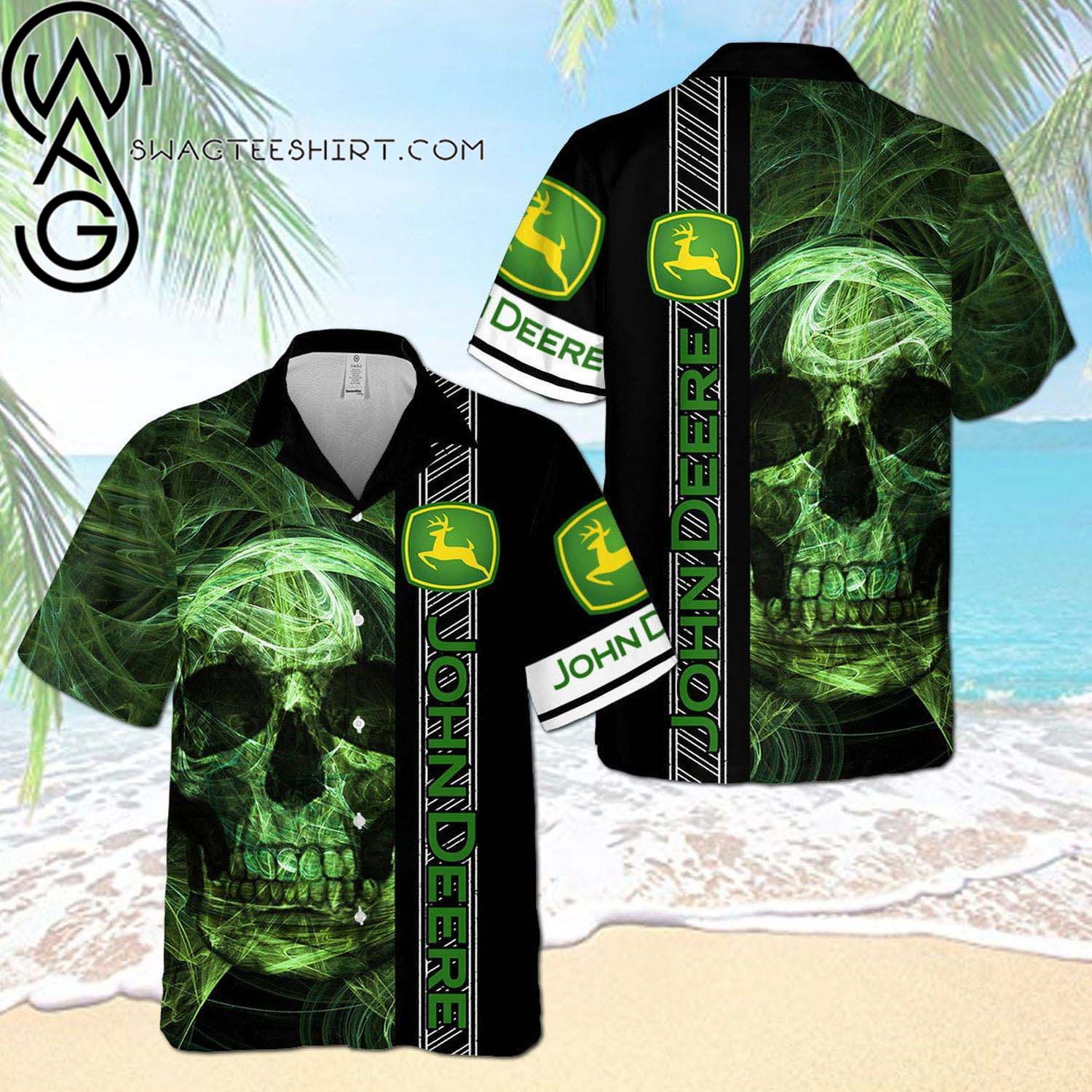 John Deere Smoky Green Skull All Over Print Summer Vacation Hawaiian Shirt