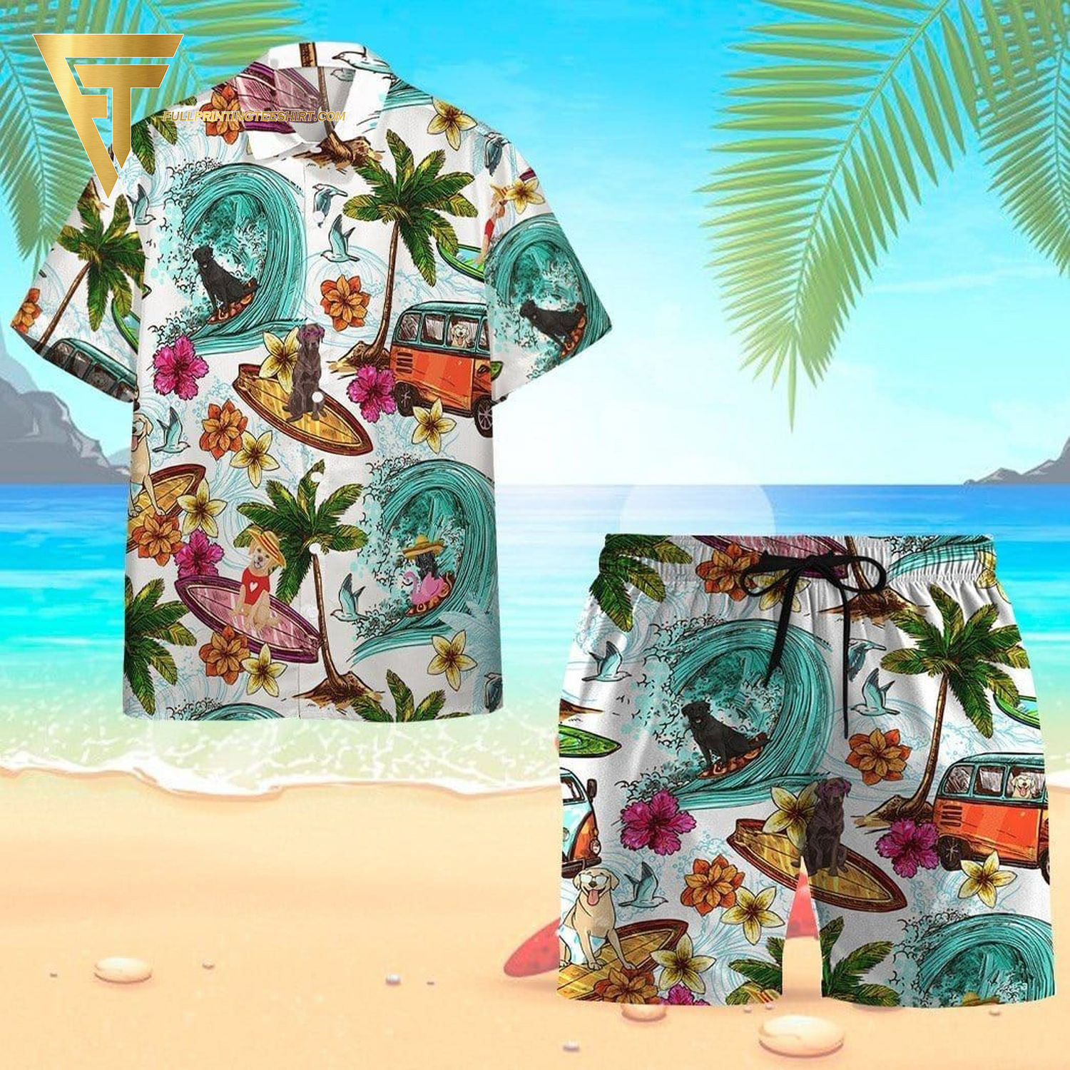 Labrador retriever halloween all over print hawaiian shirts and beach shorts