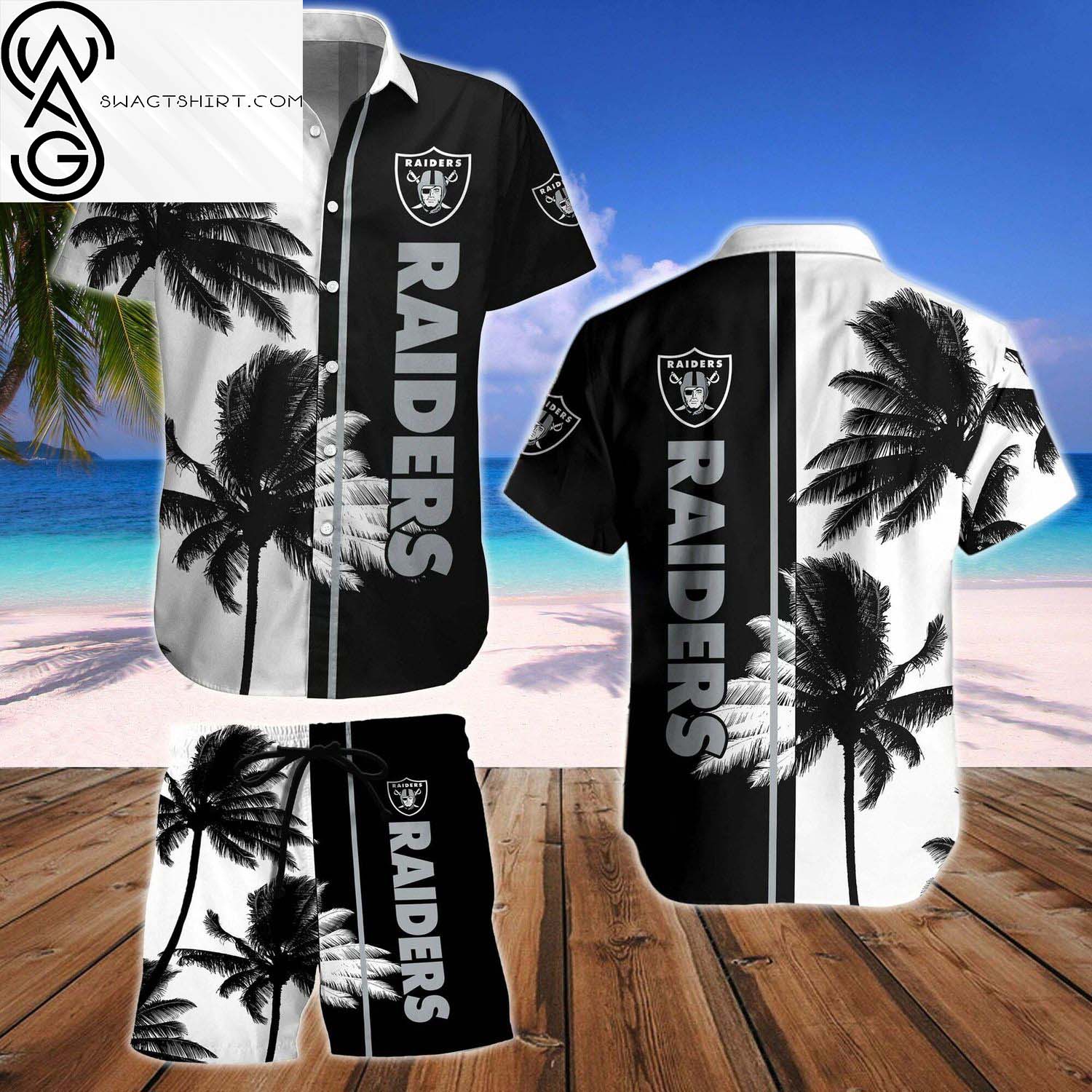 Las Vegas Raiders All Over Print Summer Floral Aloha Summer Hawaiian Beach Shorts Version Black