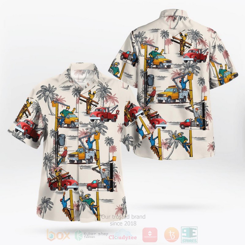 Lineman with bucket truck pattern Hawaiian Shirt