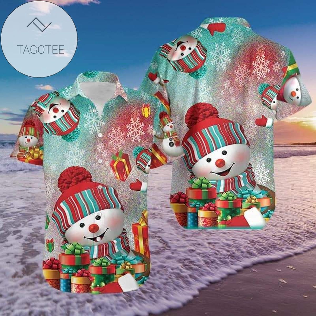 Lovely Snowman With Santa Claus Hawaiian Aloha Shirts