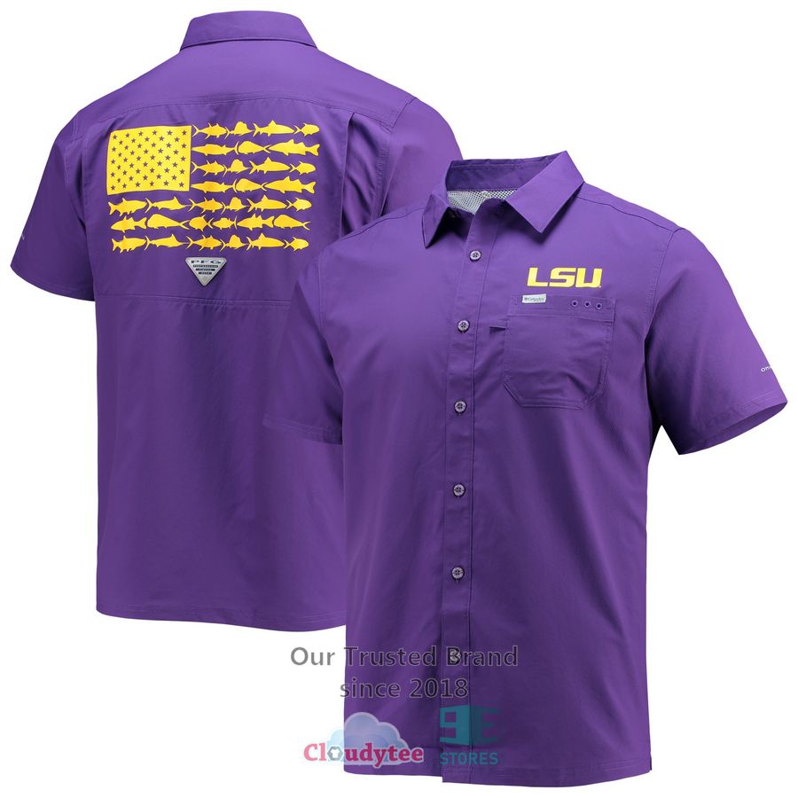 LSU Tigers Columbia PFG Slack Tide Camp Purple Hawaiian Shirt