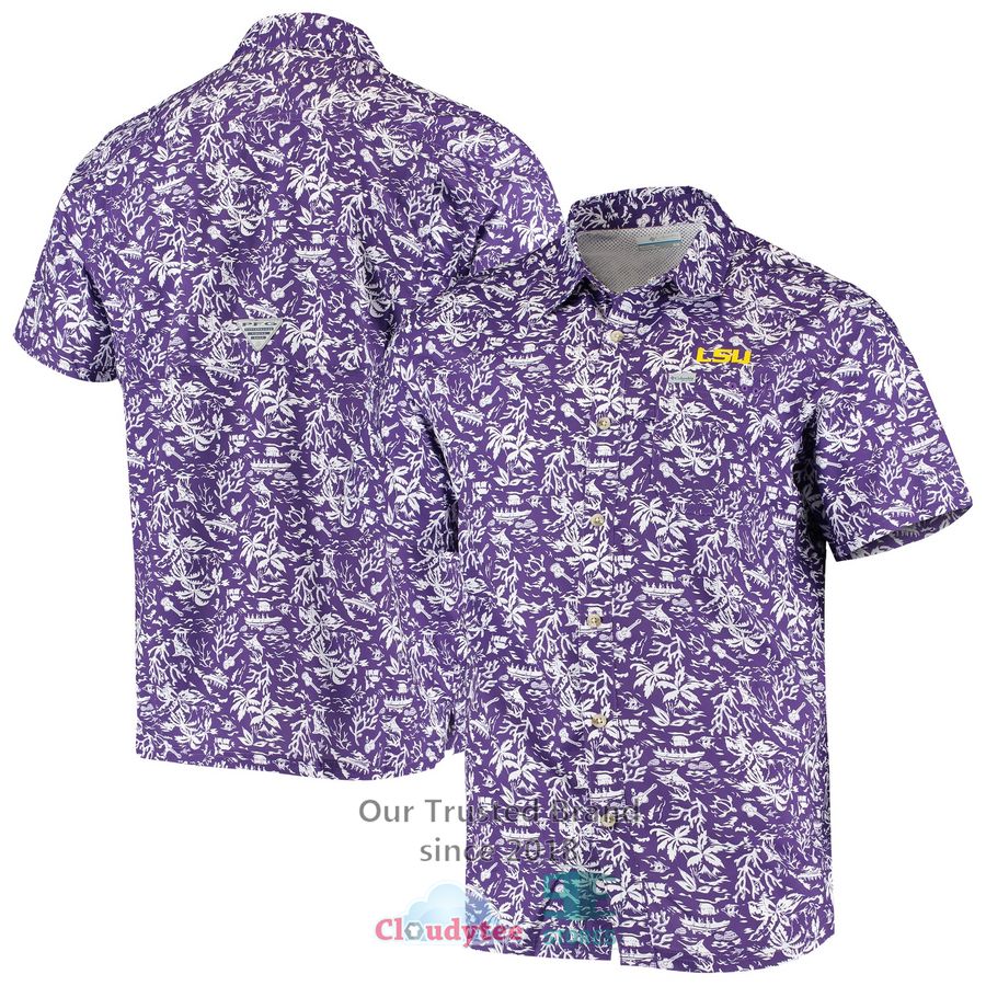 LSU Tigers Columbia PFG Slack Tide Camp Purple Hawaiian Shirt