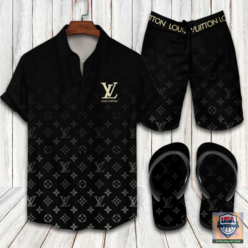 LV Louis Vuitton Black Combo Hawaiian Shirt, Short, Flip-Flops