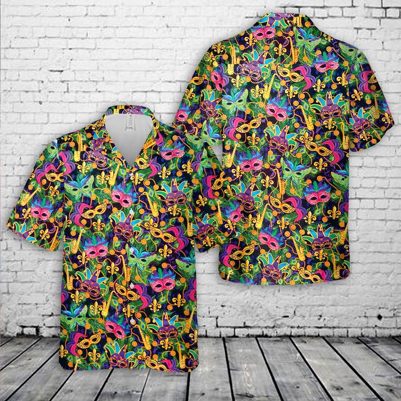 Mardi Gras Feather Face Masks Hawaiian Shirt