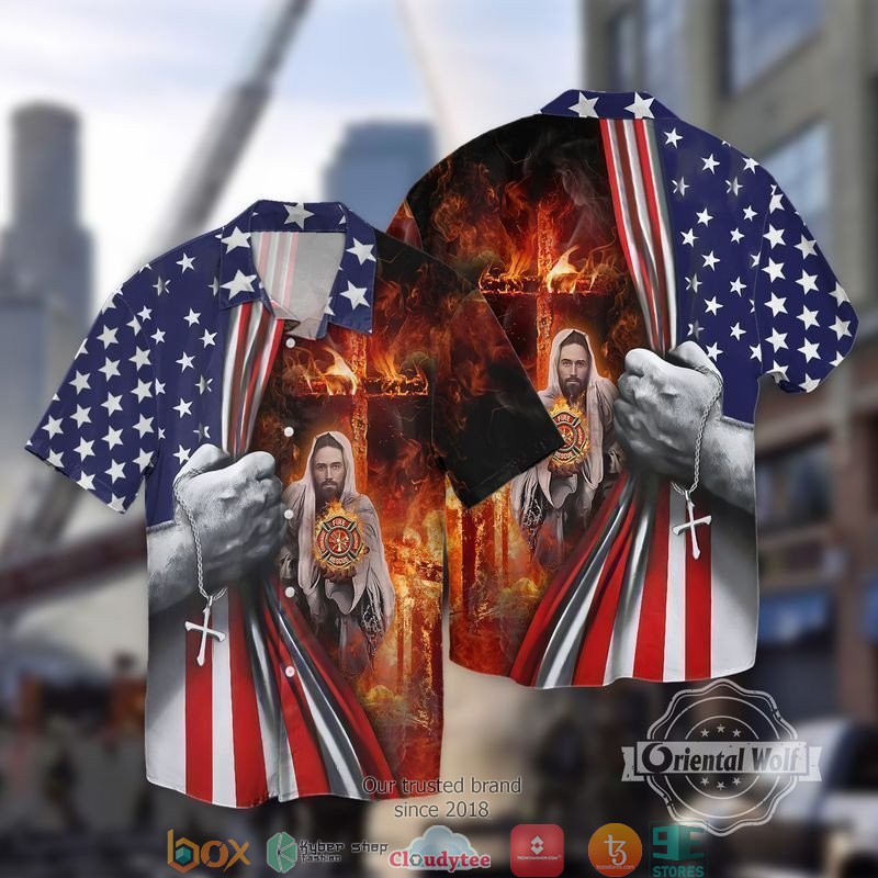 Memorial Day Firefighter American Flag Jesus Short Sleeve Hawaiian shirt