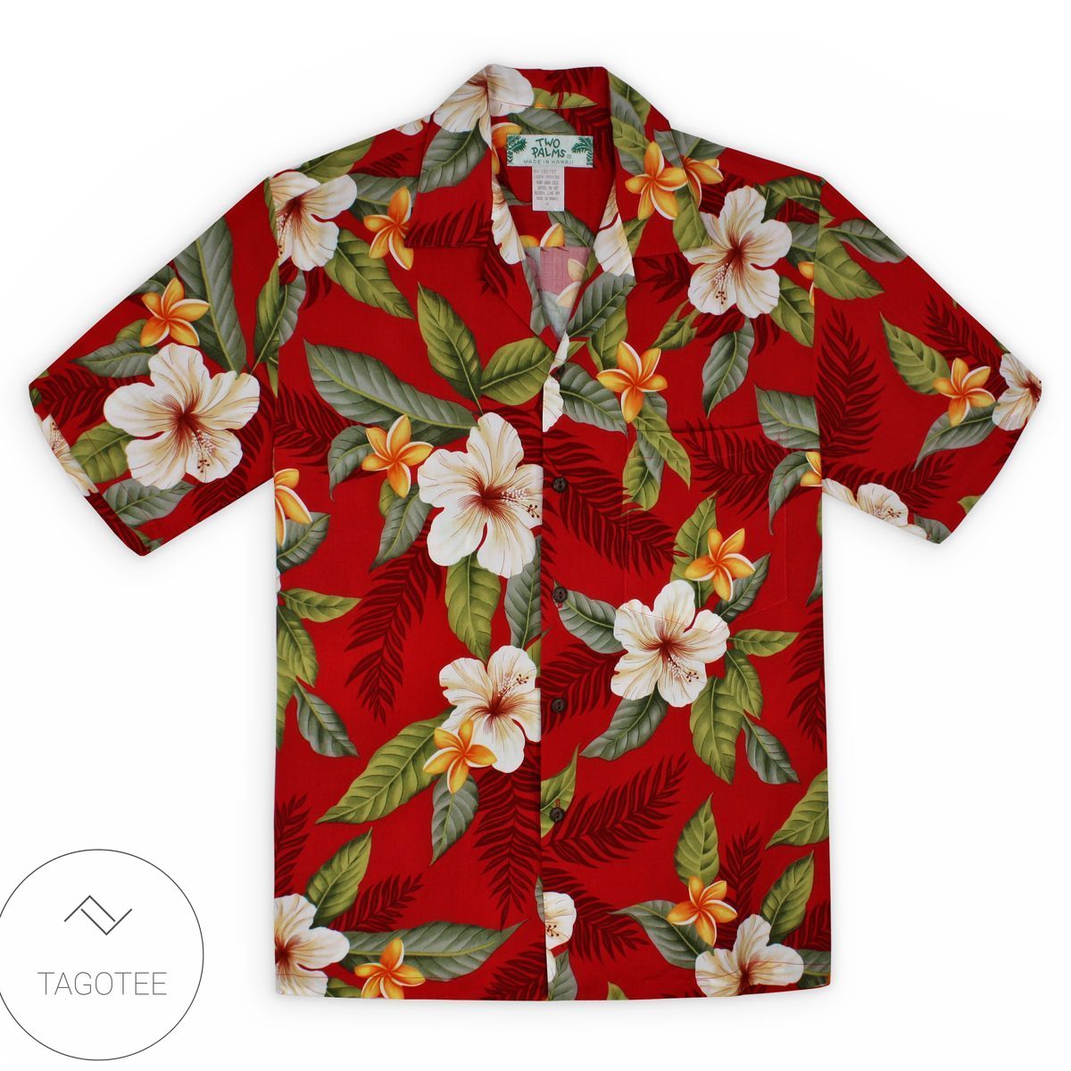 Men’S Button Down Hawaiian Shirt With Coral Plumeria And Hibiscus