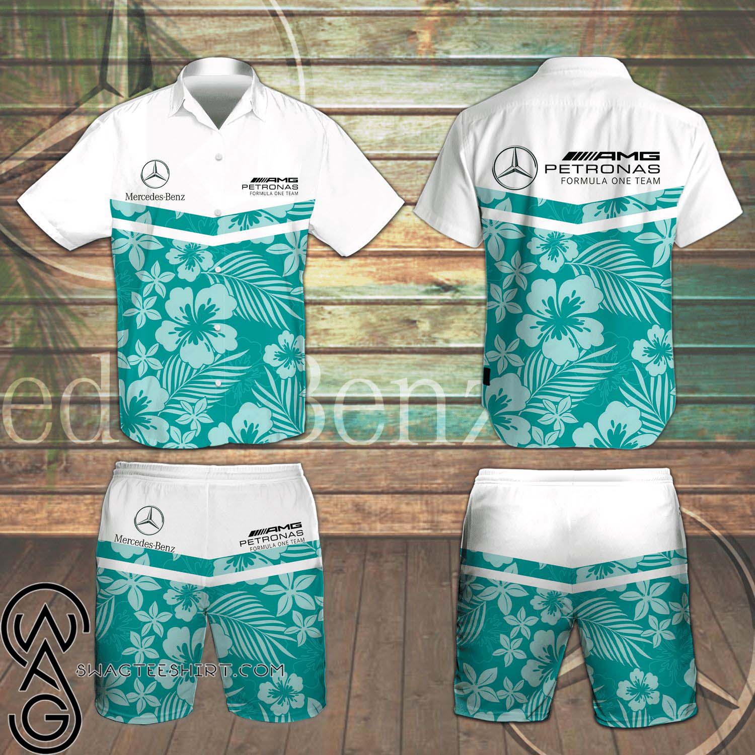 Mercedes AMG Petronas F1 Palm Leaves All Over Print Summer Vacation Hawaiian Shirt And Beach Shorts