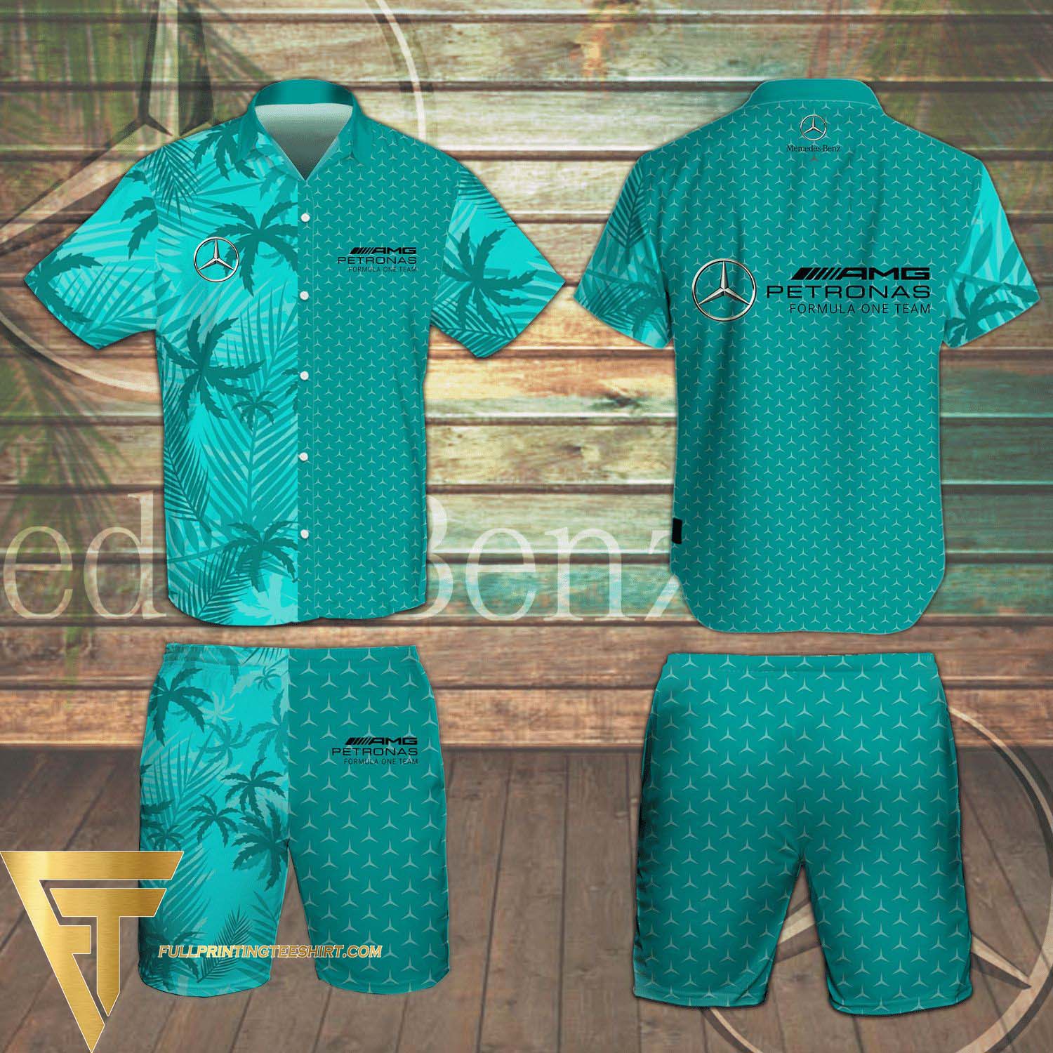 Mercedes AMG Petronas F1 Team All Over Print Summer Galaxy Aloha Summer Beach Hawaiian Shirt And Beach Shorts Version Black